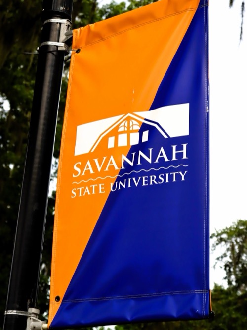 Savannah State University banner on a light pole
